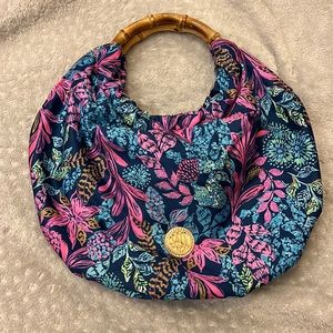 Lilly Pulitzer Blue & Pink Round Clutch with Bamboo Handles